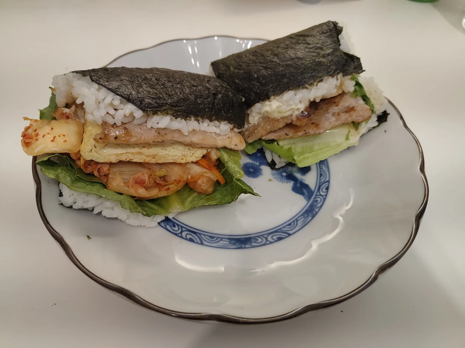 Take-away onigiri with pork (and kimchi).