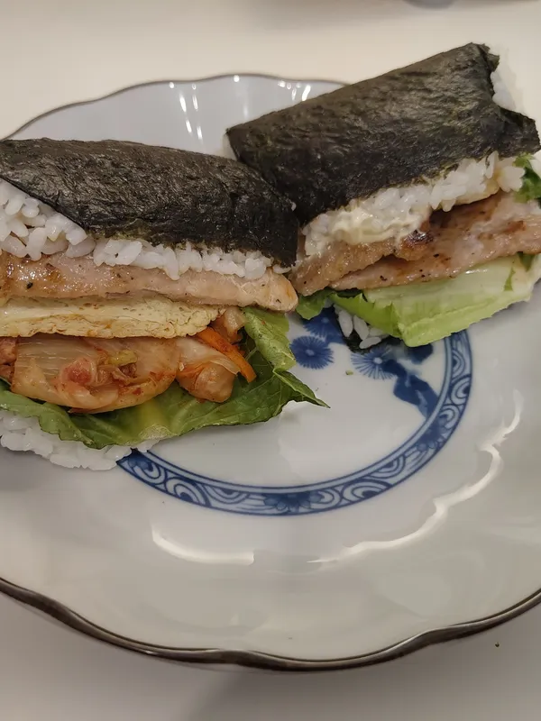 Take-away onigiri with pork (and kimchi).